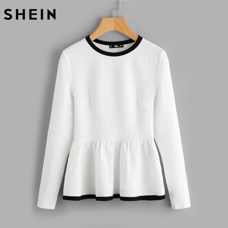 SHEIN Contrast Binding Textured Peplum Shirt  White Women Tops Blouses Autumn Long Sleeve Elegant Fall 2017 Fashion Blouse