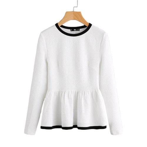 SHEIN Contrast Binding Textured Peplum Shirt  White Women Tops Blouses Autumn Long Sleeve Elegant Fall 2017 Fashion Blouse